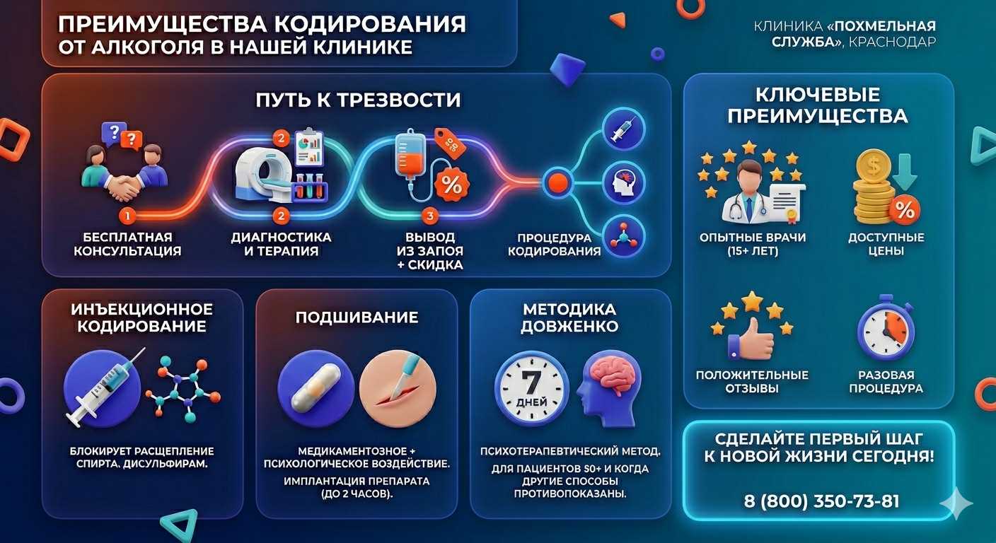 Инфографика о методах кодирования от алкоголя в Медвёдовской: инъекции, подшивание, метод Довженко. Преимущества клиники и этапы лечения.