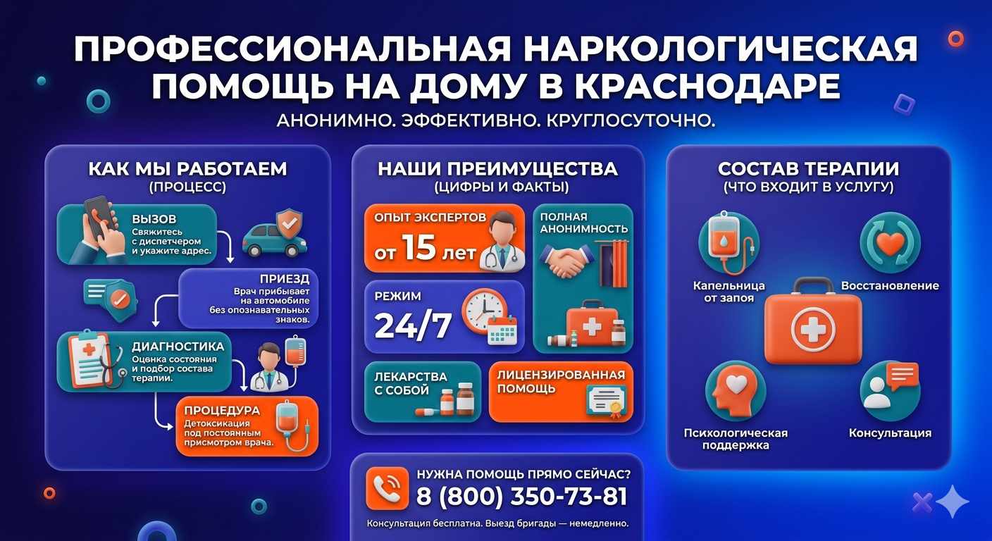 Инфографика о принципах лечения алкоголизма на дому в Медвёдовской: этапы вызова нарколога, преимущества анонимной детоксикации и состав медицинской помощи.